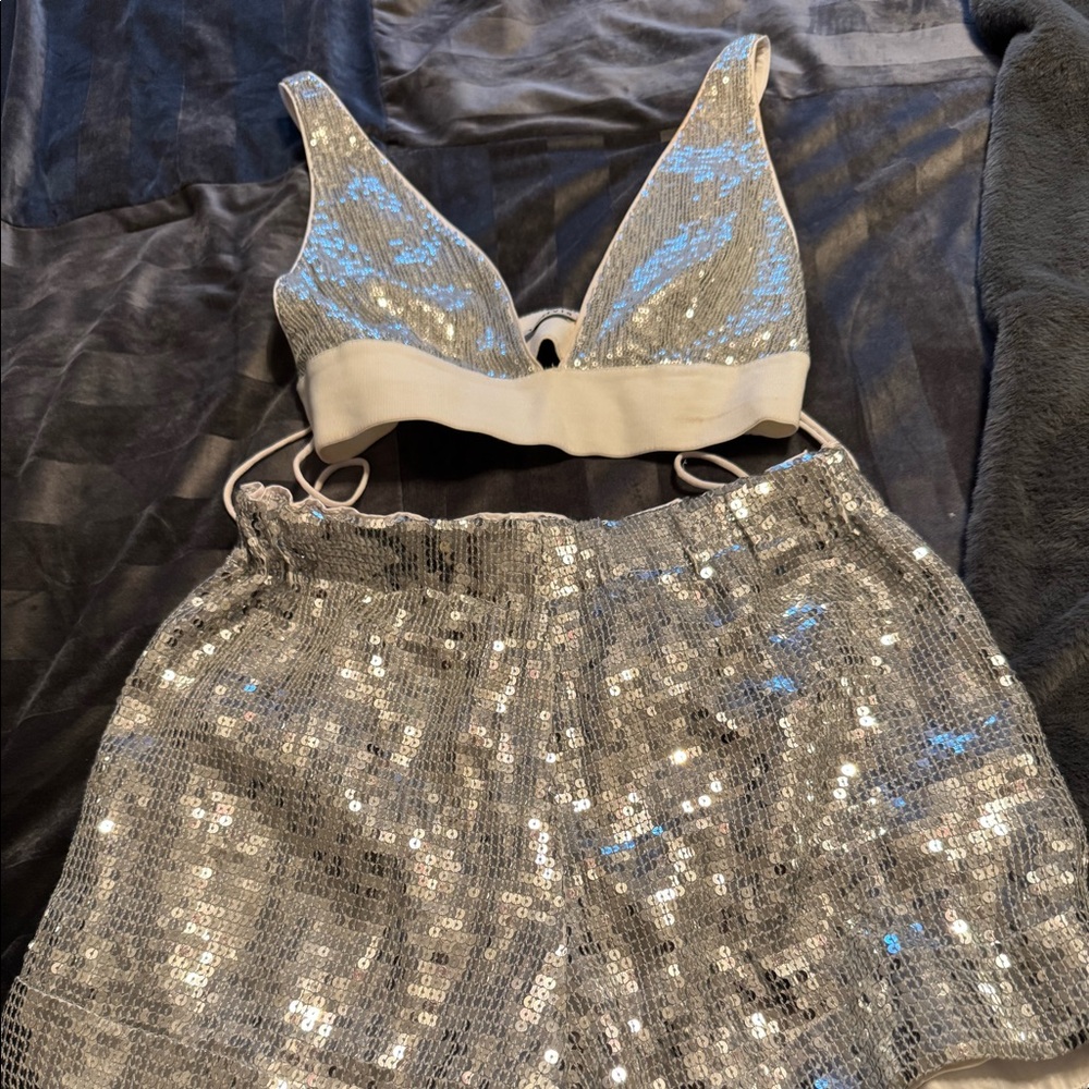 2 piece silver sequin short set